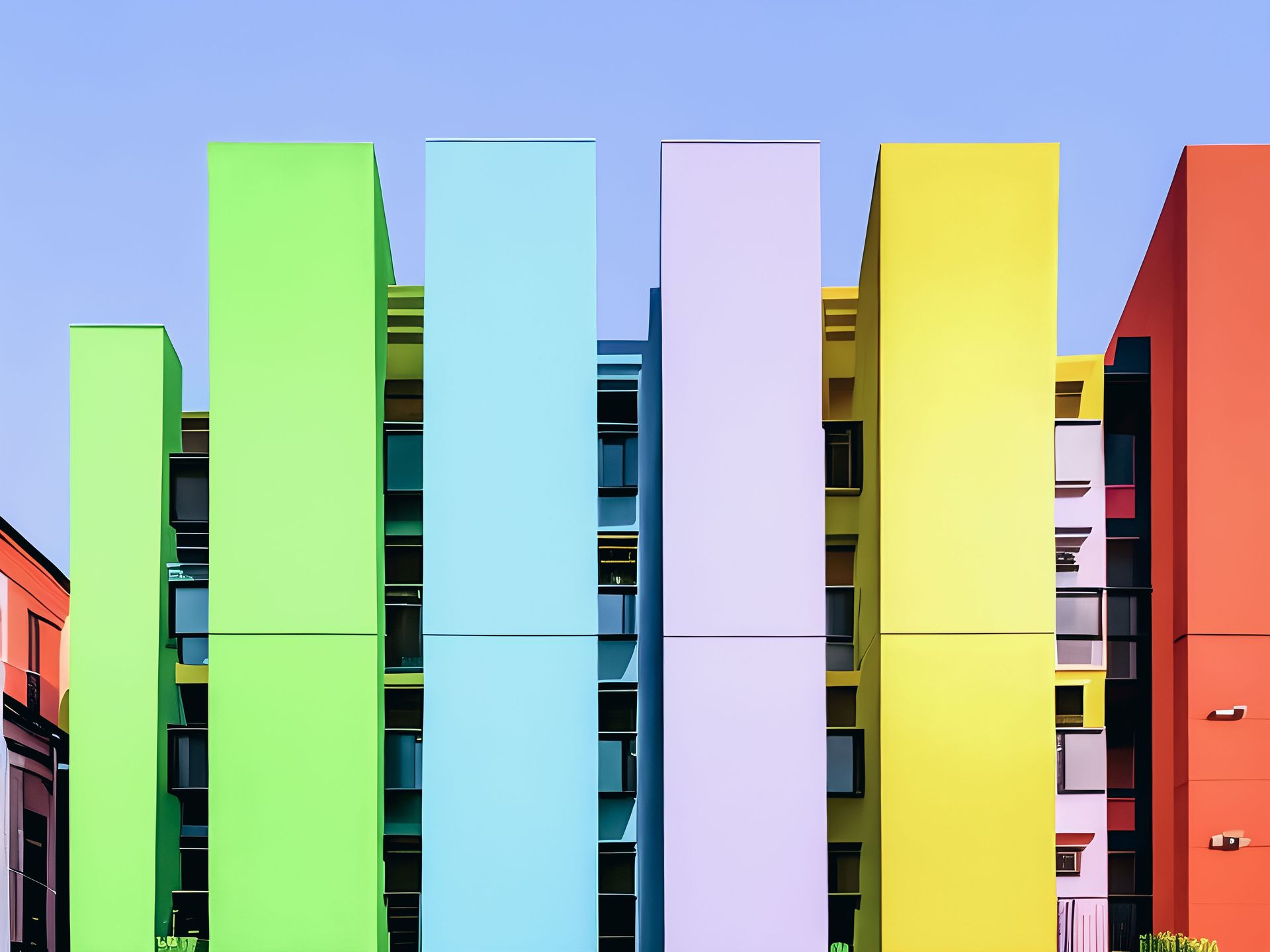 Captivating modern building design featuring a vibrant, colorful facade with bold geometric patterns.